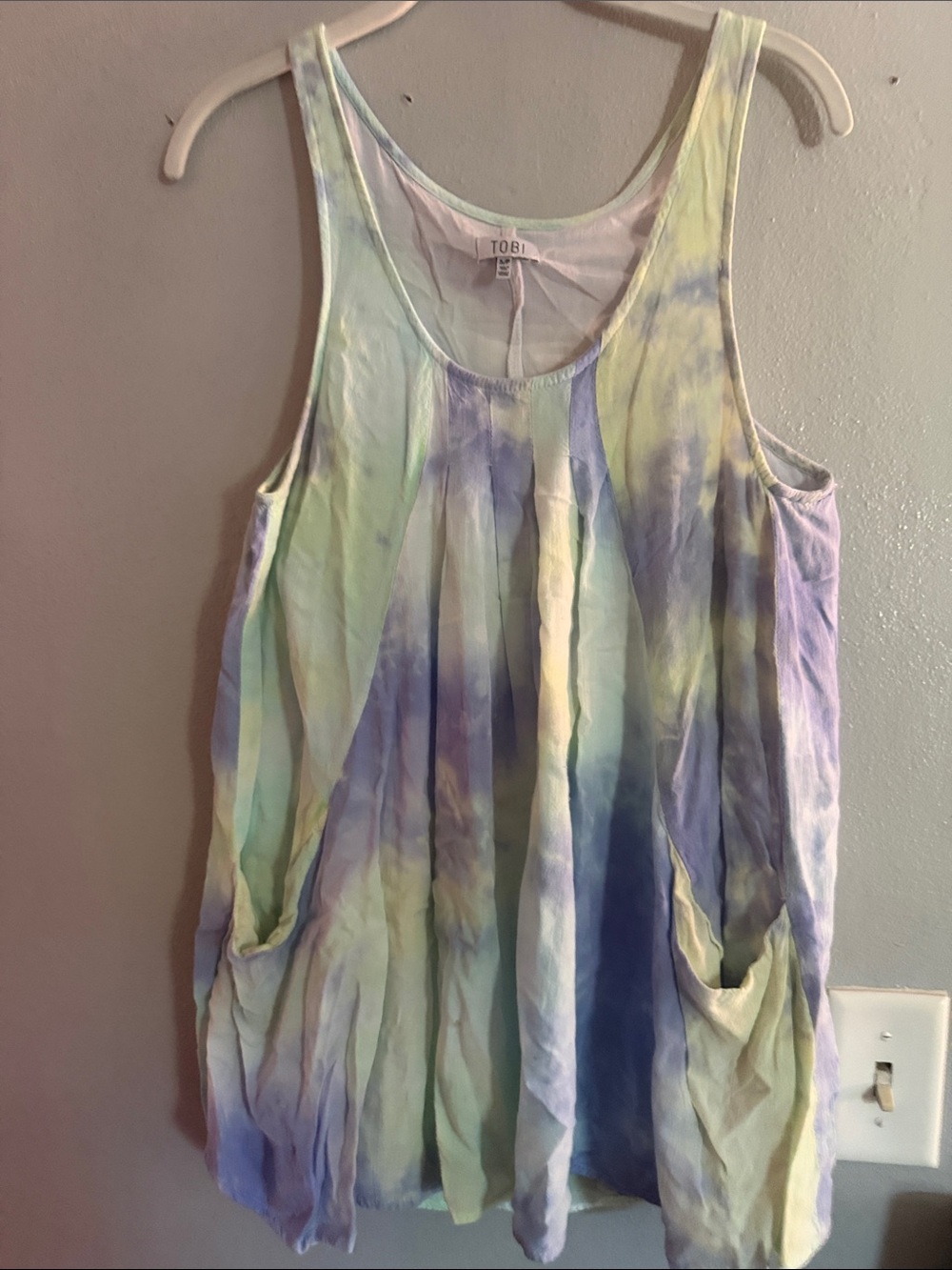 Tobi Pastel Tie-Dye Scoop Mini Dress in Blue, Green, Purple